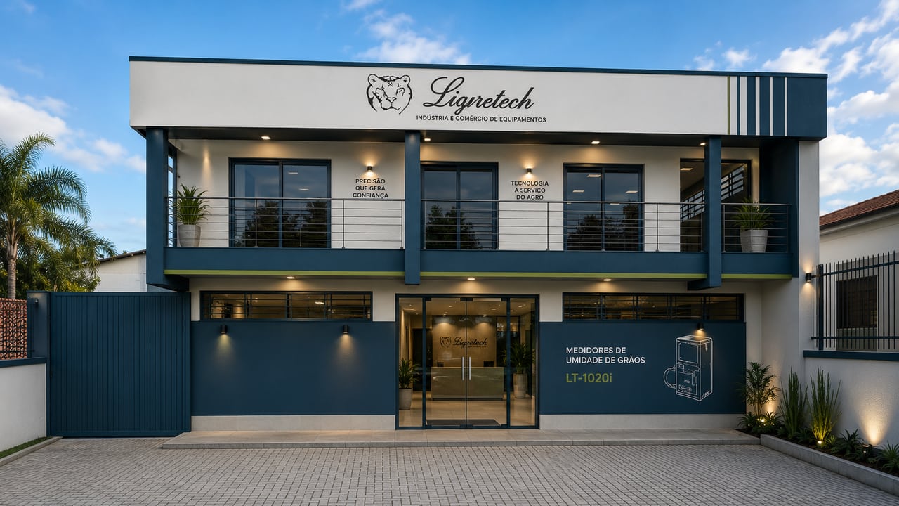 Fachada da unidade da Ligretech, com fachada azul-petróleo e logo do tigre